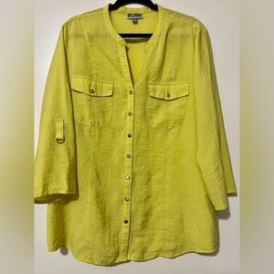 JM Collection Womens Size 14 Button Front Blouse Yellow Green Roll Tab Sleeves